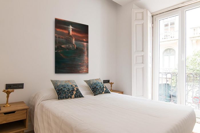 Reproducción de arte en lienzo - dormitorio con balcón - Matutino - Óleo - Paisaje costero - Impresionismo -pintado por Fernando Pagador