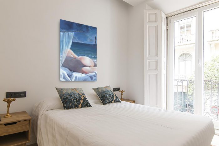 Reproducción de arte en lienzo - Dormitorio con Balcón - Momento de Descanso - Óleo - Paisaje con modelo - Realismo -pintado por Fernando Pagador